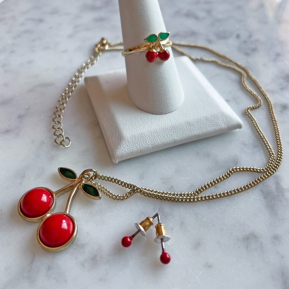Cherries Necklace and Ring with Coordinating Post Earrings, 3-Piece Set